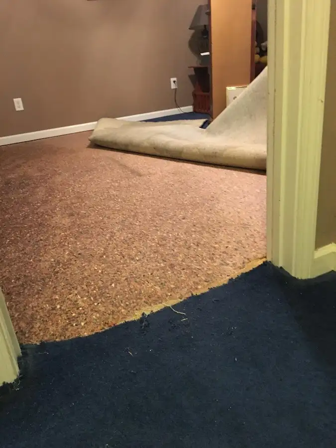 Carpet pad removal revealing water damage during Drying & Dehumidification in Wanaque